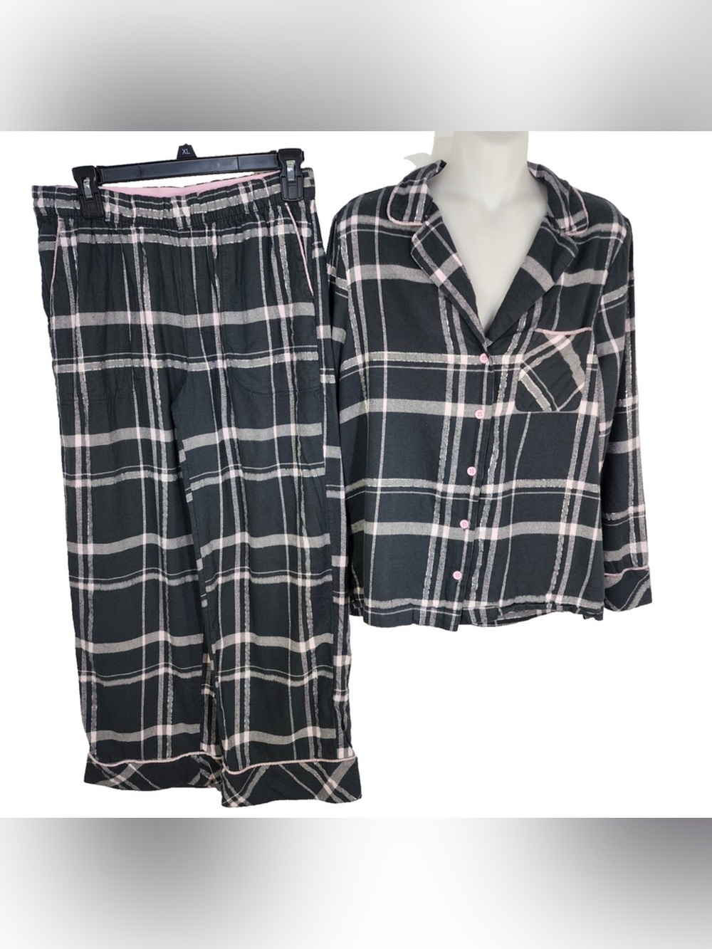 Soma Black & Pink Plaid Pajama Set - Button-Up Top & Elastic Pants